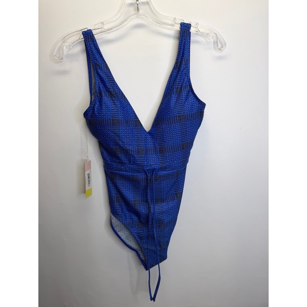 Summersalt One Piece Swimsuit Women 4 Blue The Tie Waist Backflip Plaid Plunge
